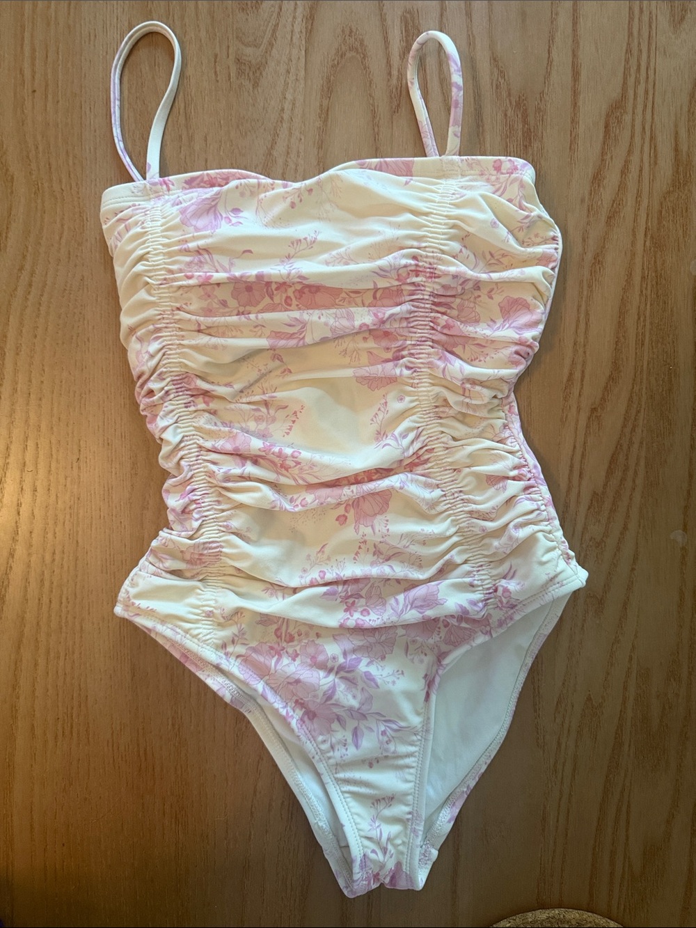 Shade & Shore Cream and Light Pink Floral Ruched One-Piece Swimsuit